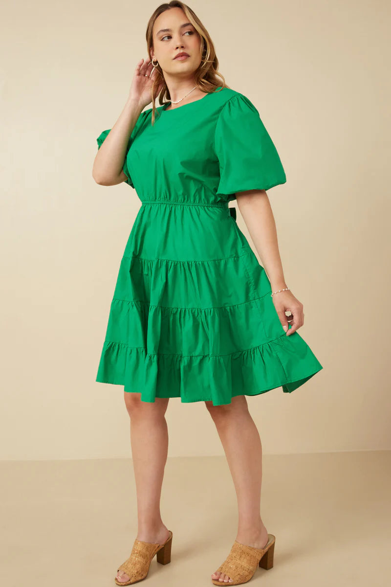 Bow Back Puff Sleeve Poplin Dress