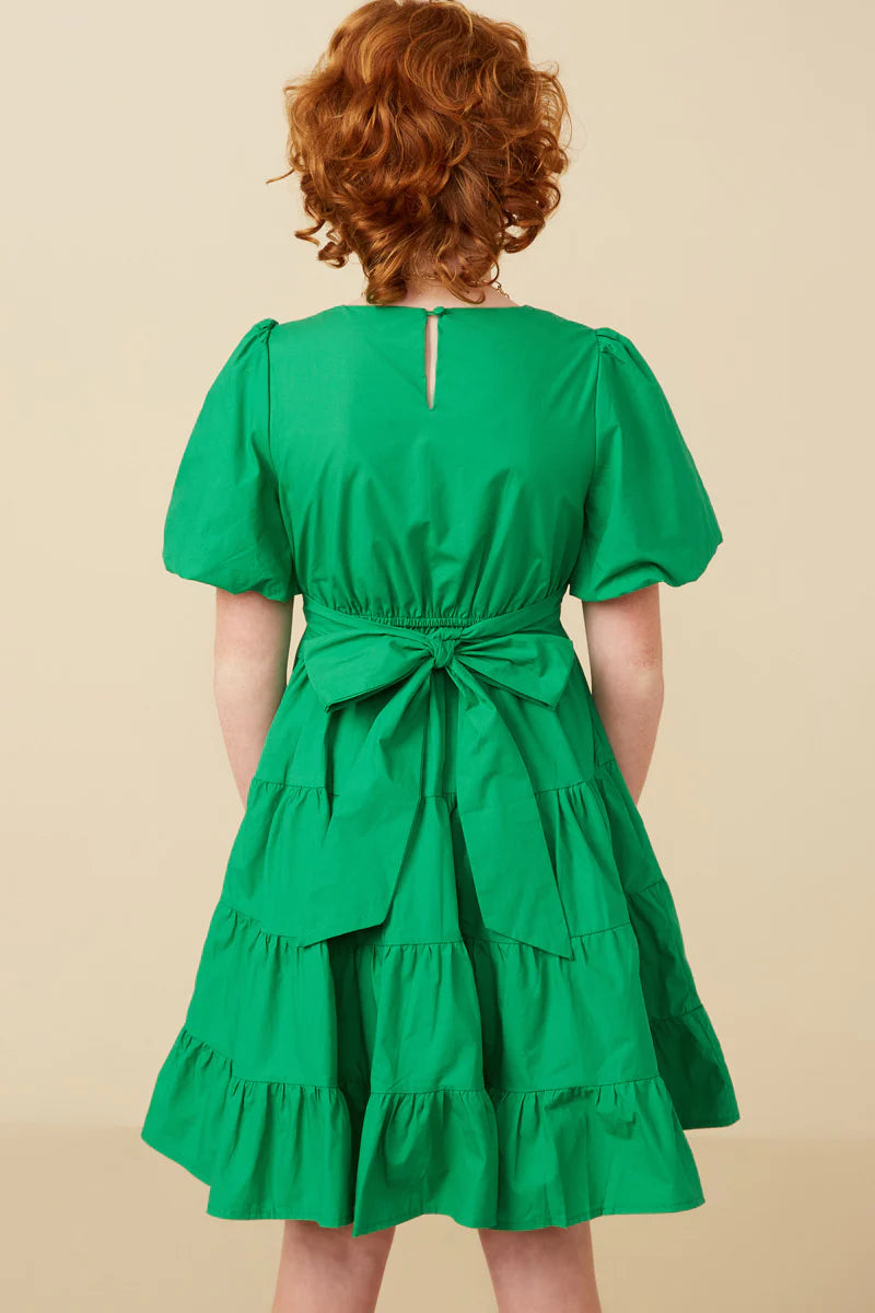 Bow Back Puff Sleeve Poplin Dress
