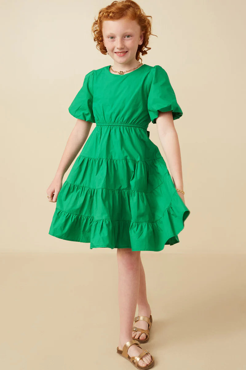 Bow Back Puff Sleeve Poplin Dress