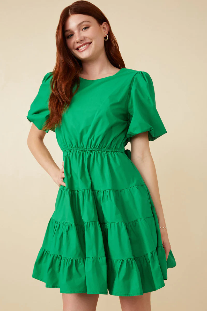 Bow Back Puff Sleeve Poplin Dress