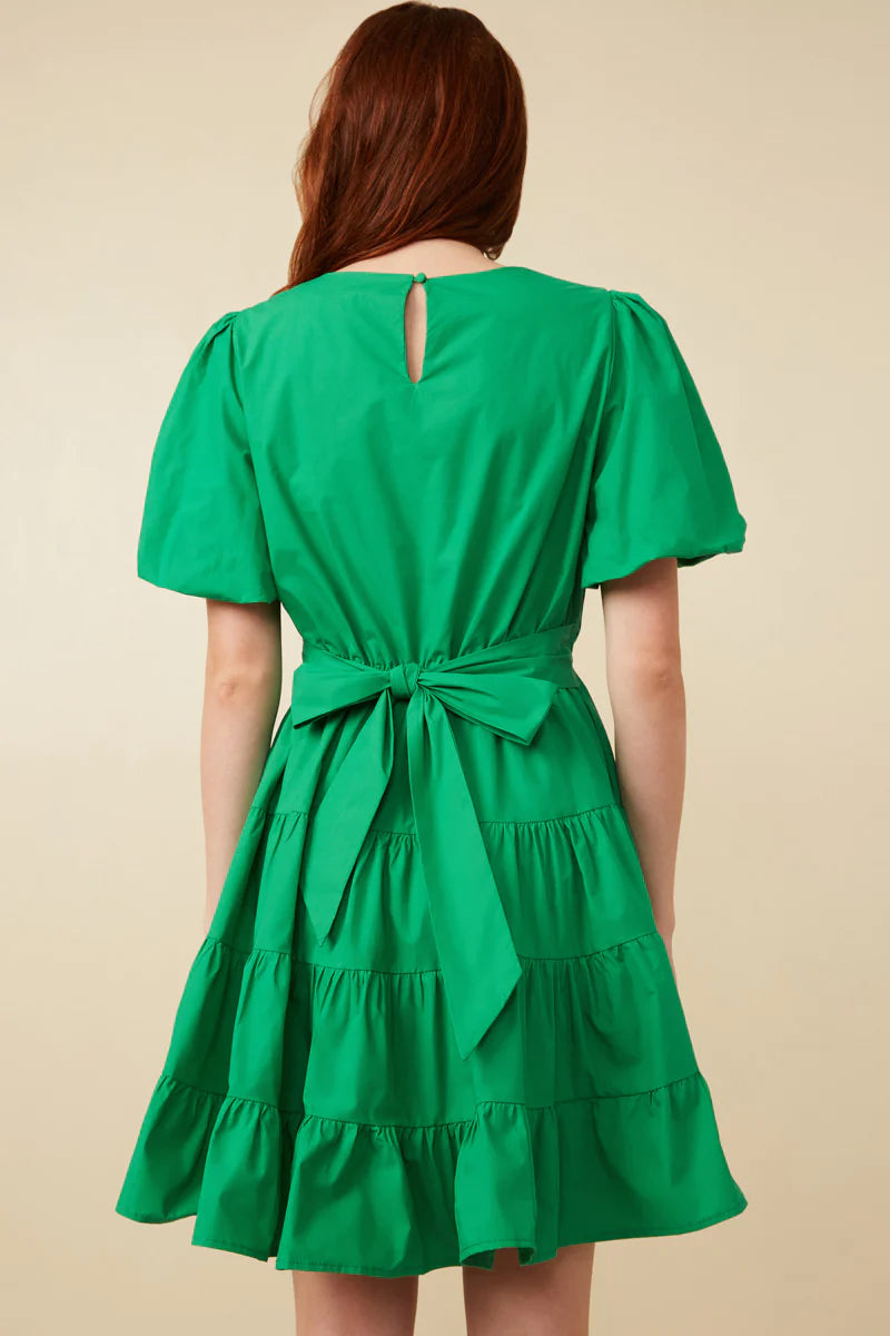 Bow Back Puff Sleeve Poplin Dress