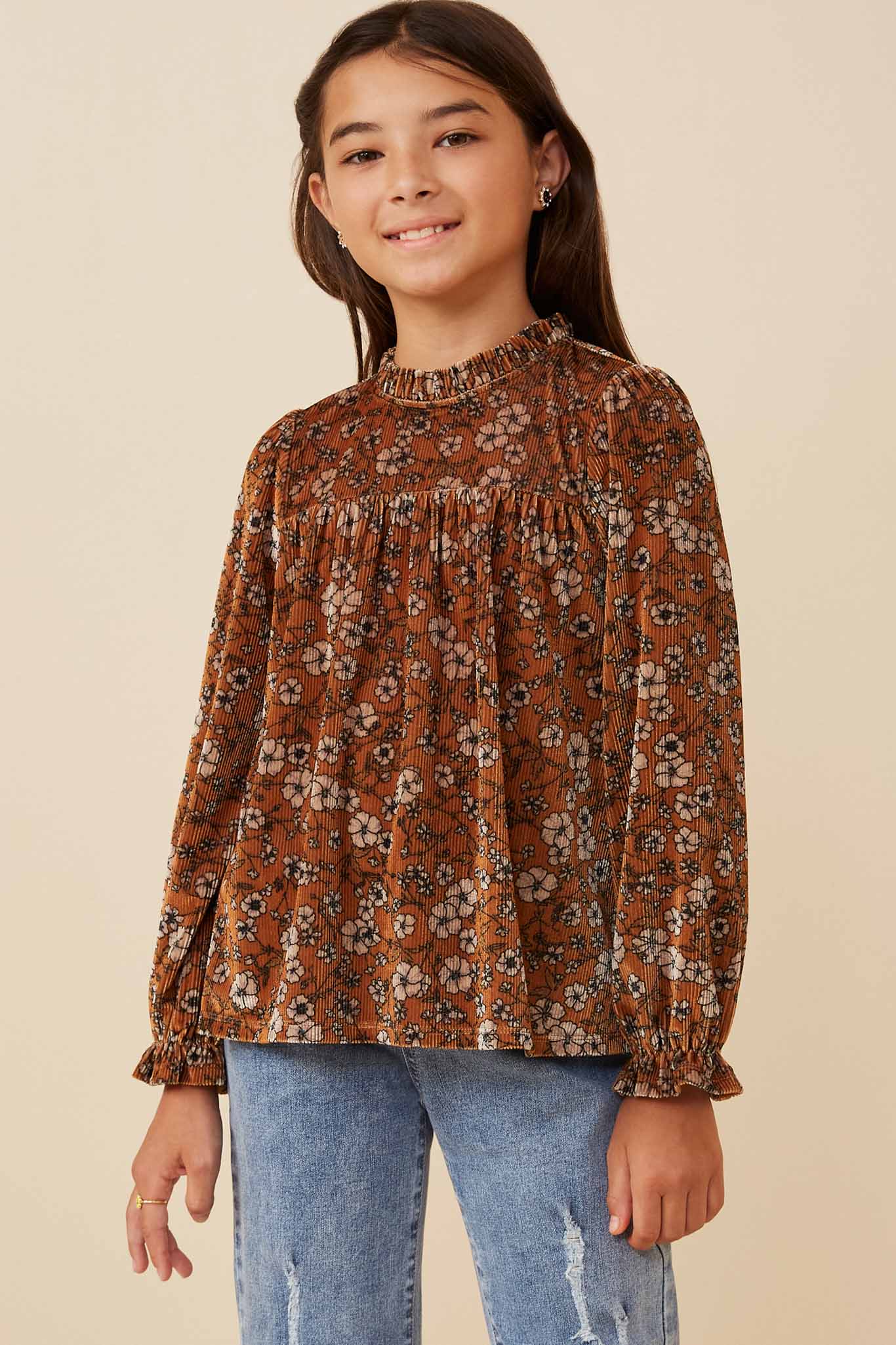 Girls Velvet Cinched Cuff Top