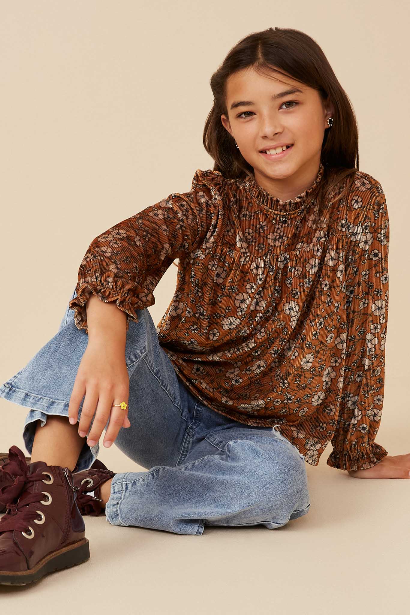 Girls Velvet Cinched Cuff Top
