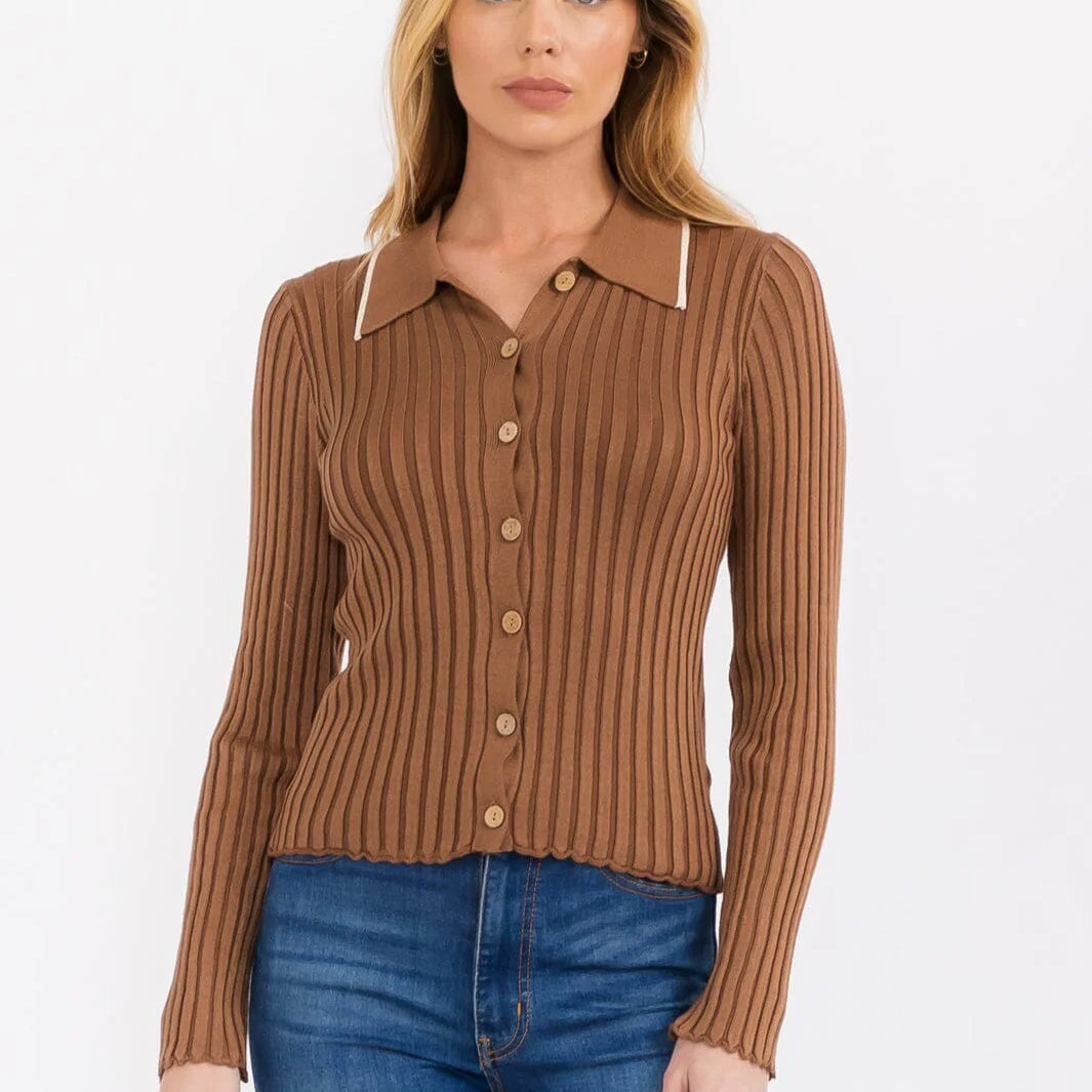 Mocha Button up Ribbed Shirt