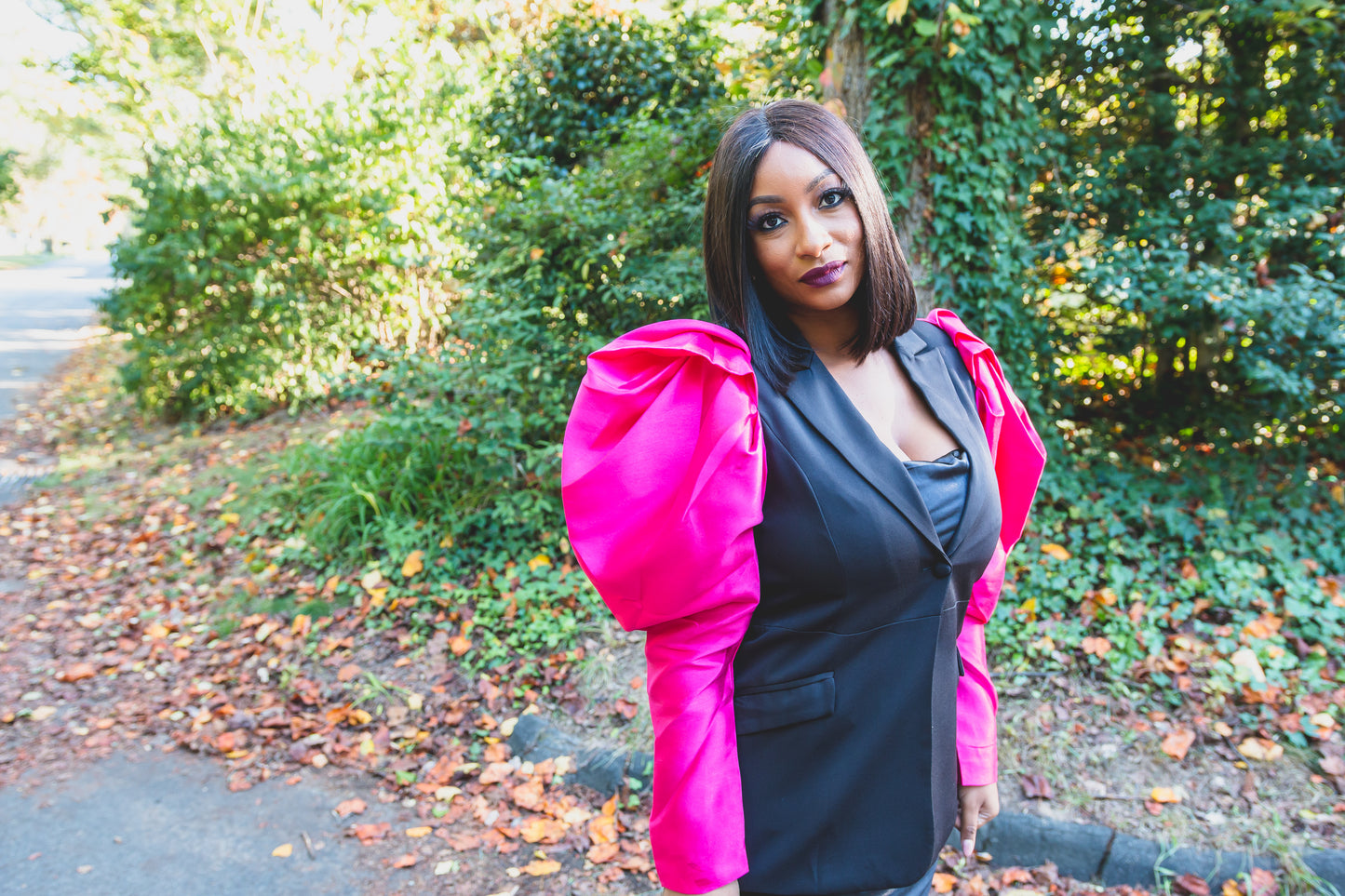 Pink and Black Puffy Sleeved Blazer