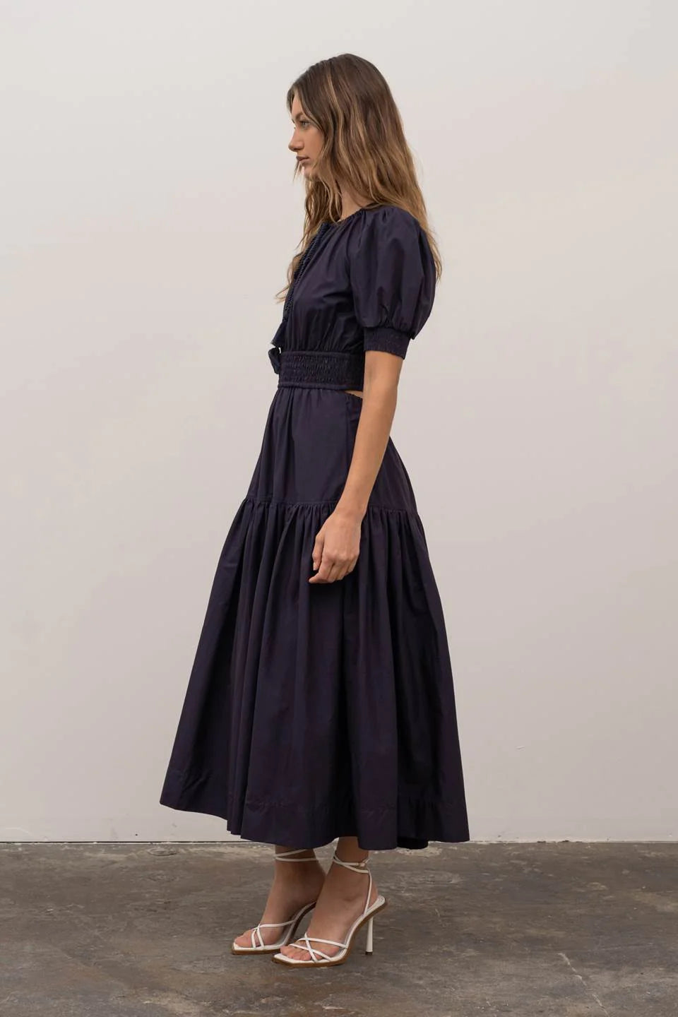Gathered Shirred Midi Dress
