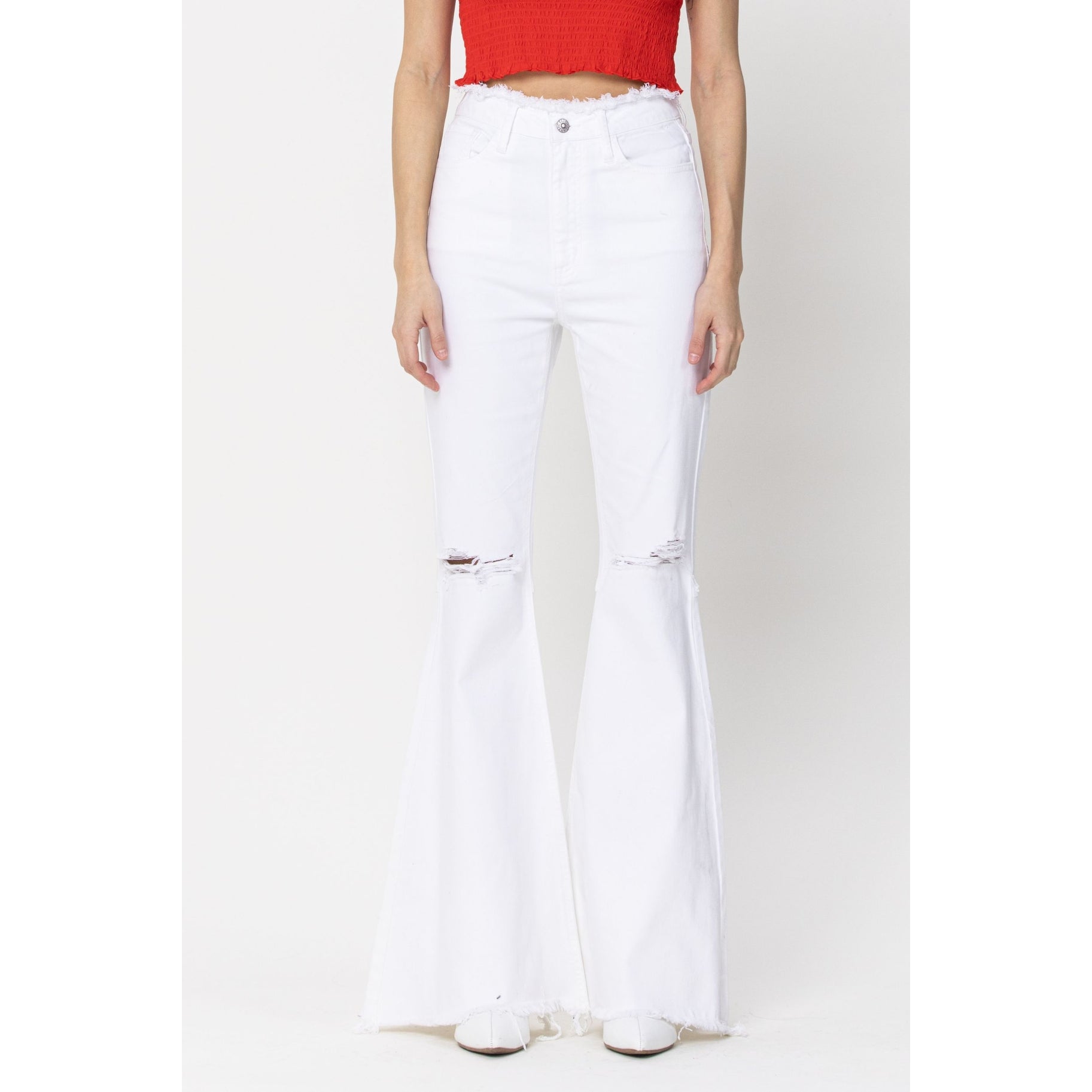 White Flare Jeans with Distressed Knees