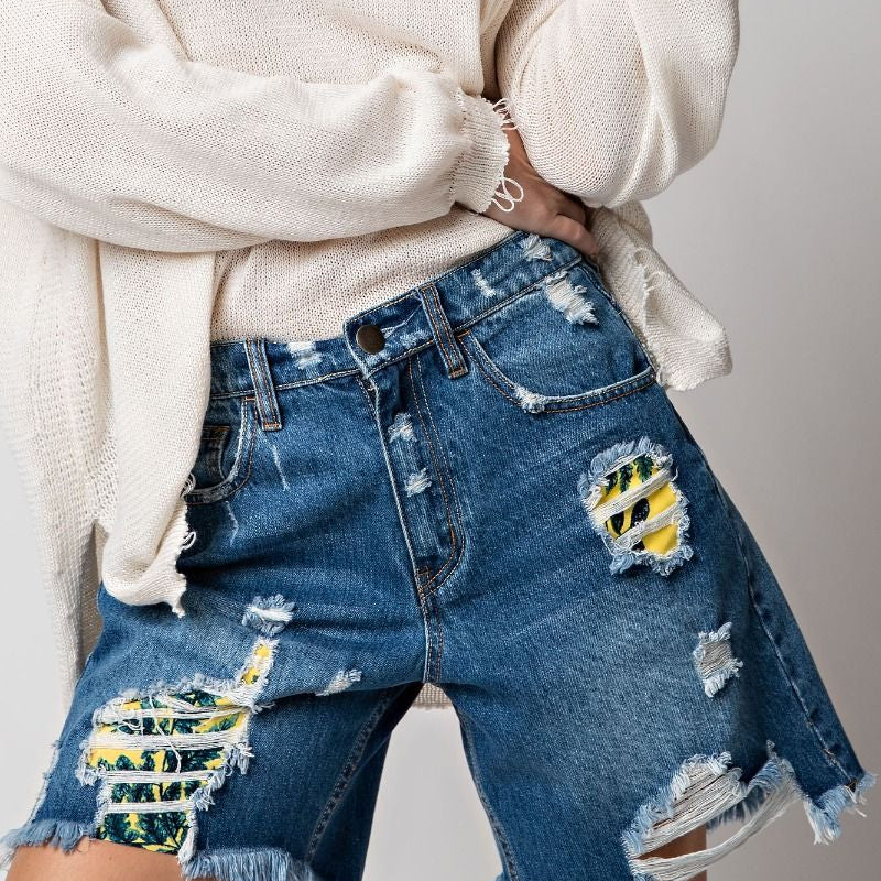 Distressed Washed Denim Shorts
