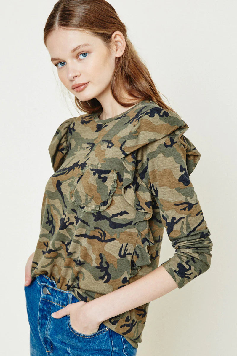 Camo Ruffle Long Sleeve Top