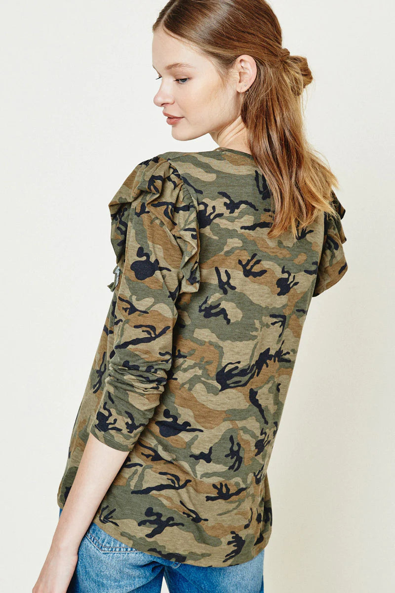 Camo Ruffle Long Sleeve Top