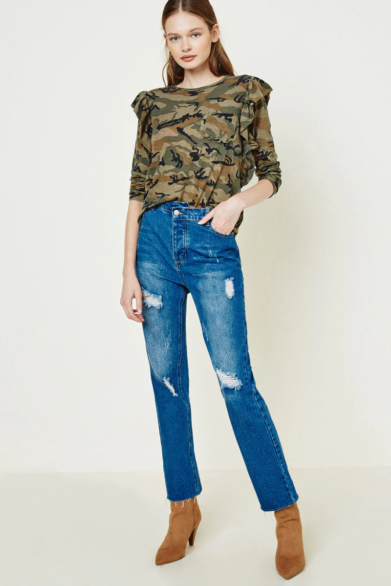 Camo Ruffle Long Sleeve Top