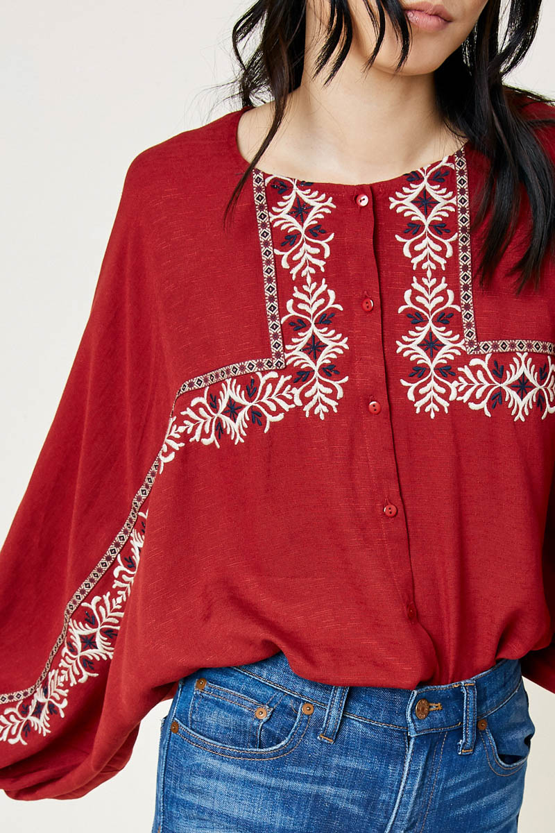 Embroidered Button-Down Dolman Top
