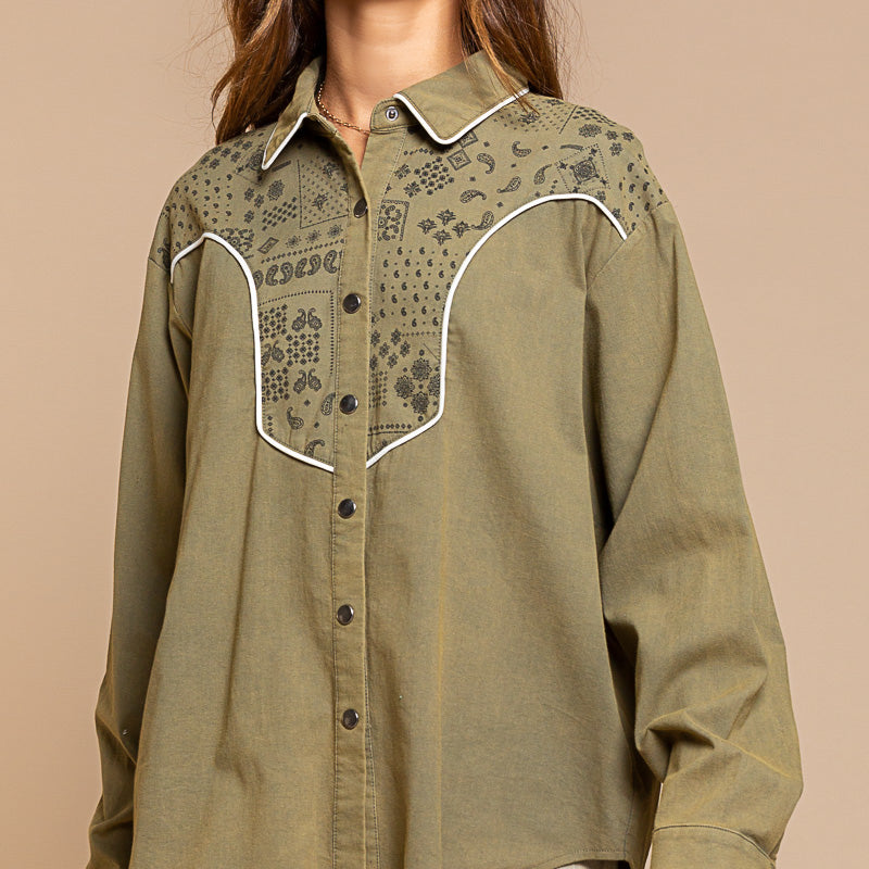 Western Button Up in Olive Paisley