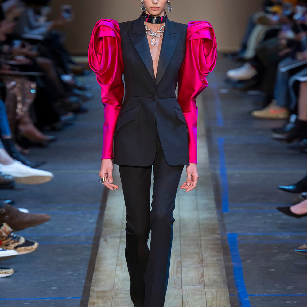 Pink and Black Puffy Sleeved Blazer