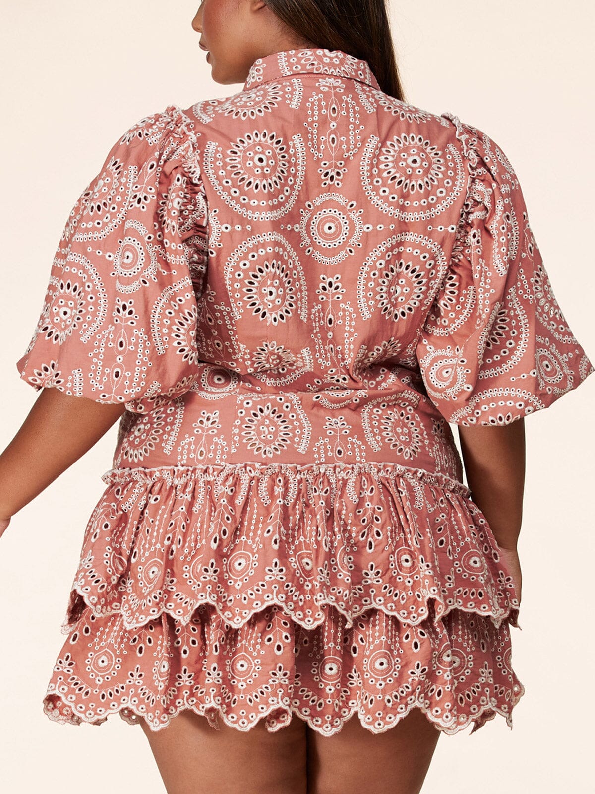 SHORT PUFF SLEEVE RUFFLE EYELET MINI DRESS - CURVY