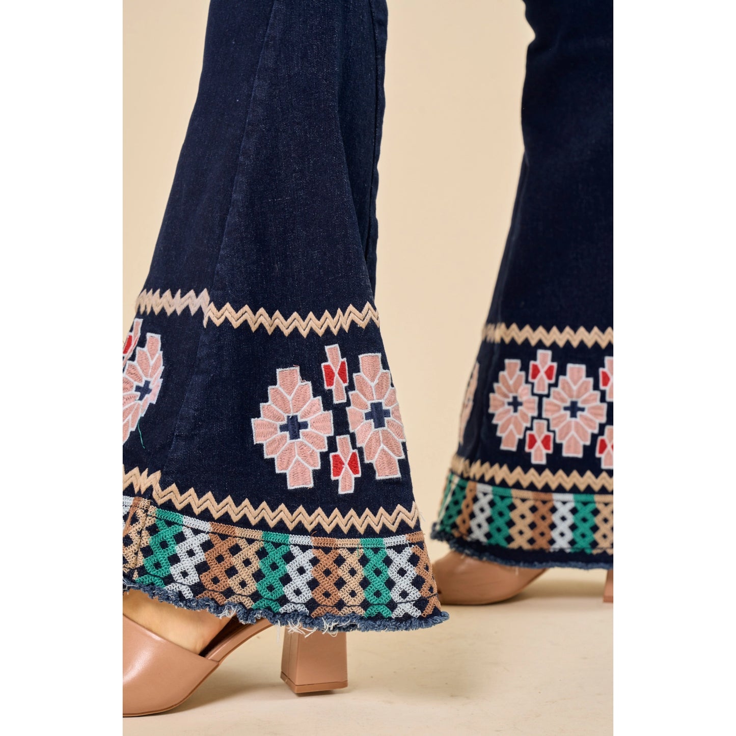 Embroidered Denim Flare - (Dark)