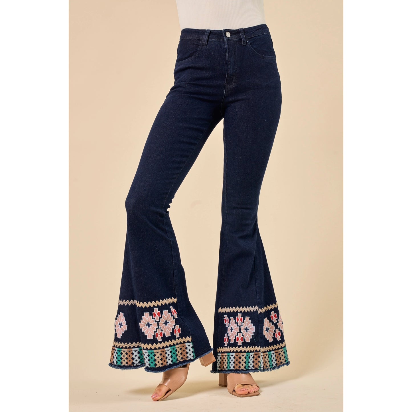 Embroidered Denim Flare - (Dark)