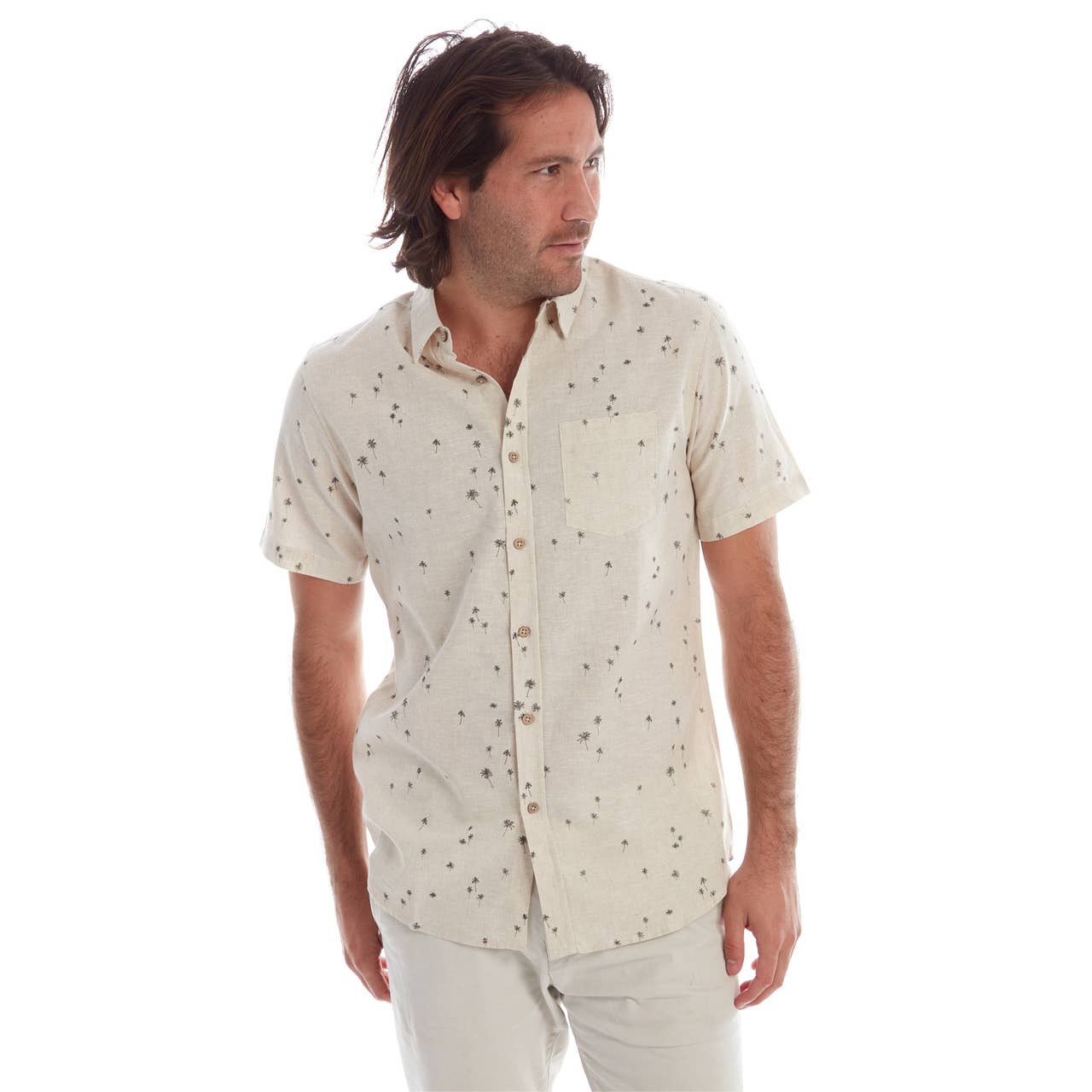 PX Short Sleeve Linen Cotton Print Button Down