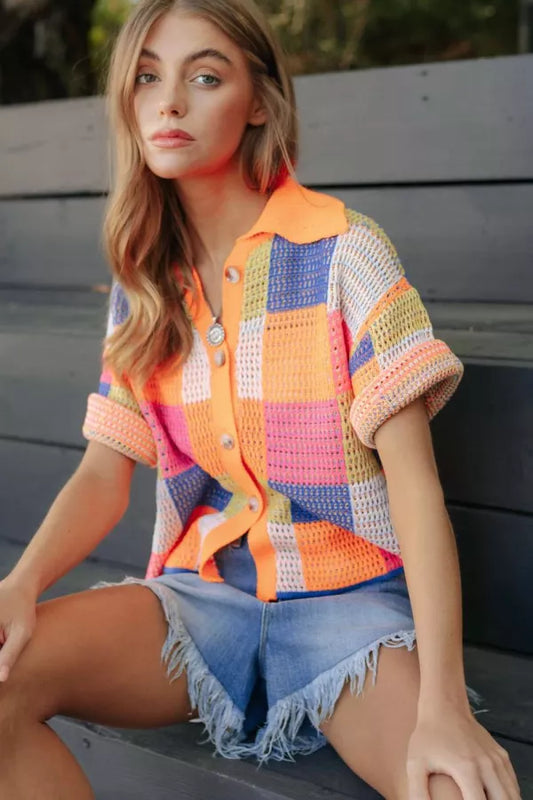 Color Blocked Checker Button Up Sweater