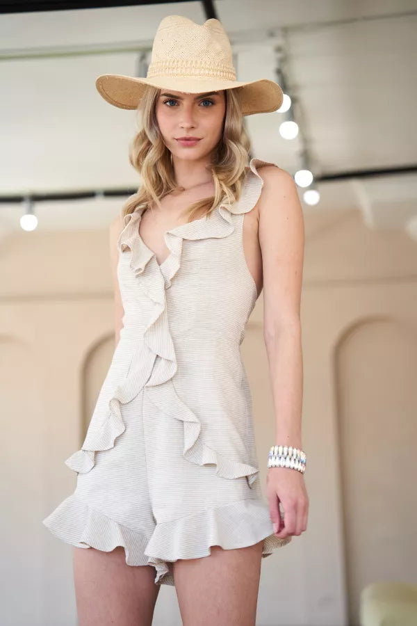 Ruffle Detailed Pinstripe Romper