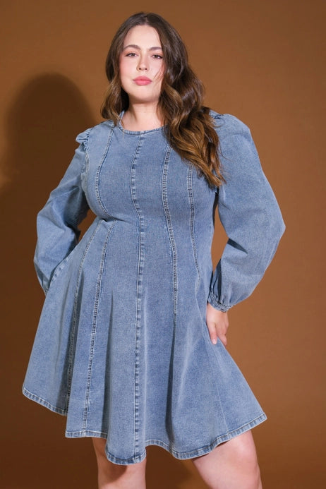 Morgan Washed Denim Mini Dress in Curvy