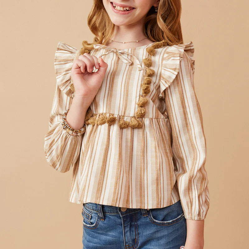 Girls Textured Stripe Tasseled Bodice Top