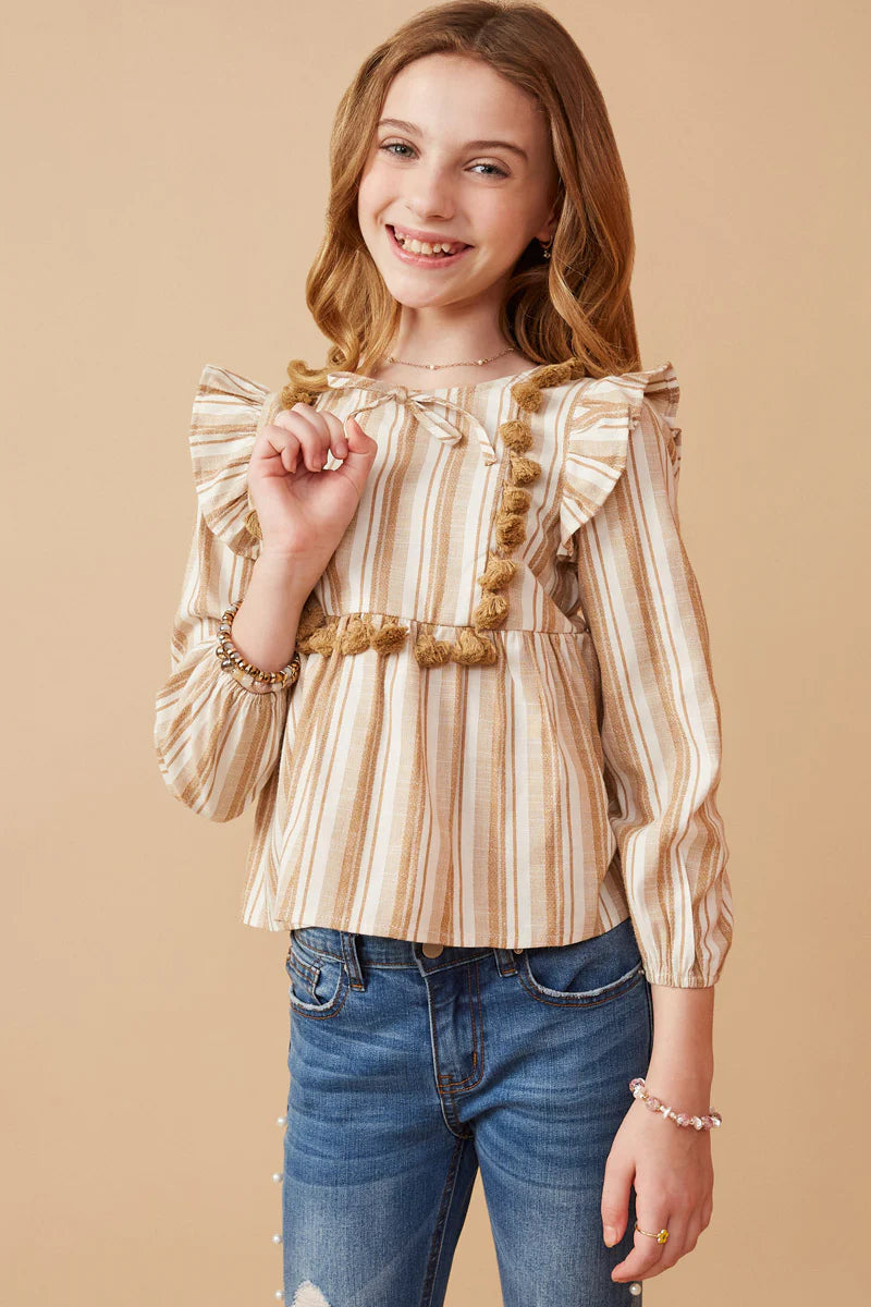 Girls Textured Stripe Tasseled Bodice Top