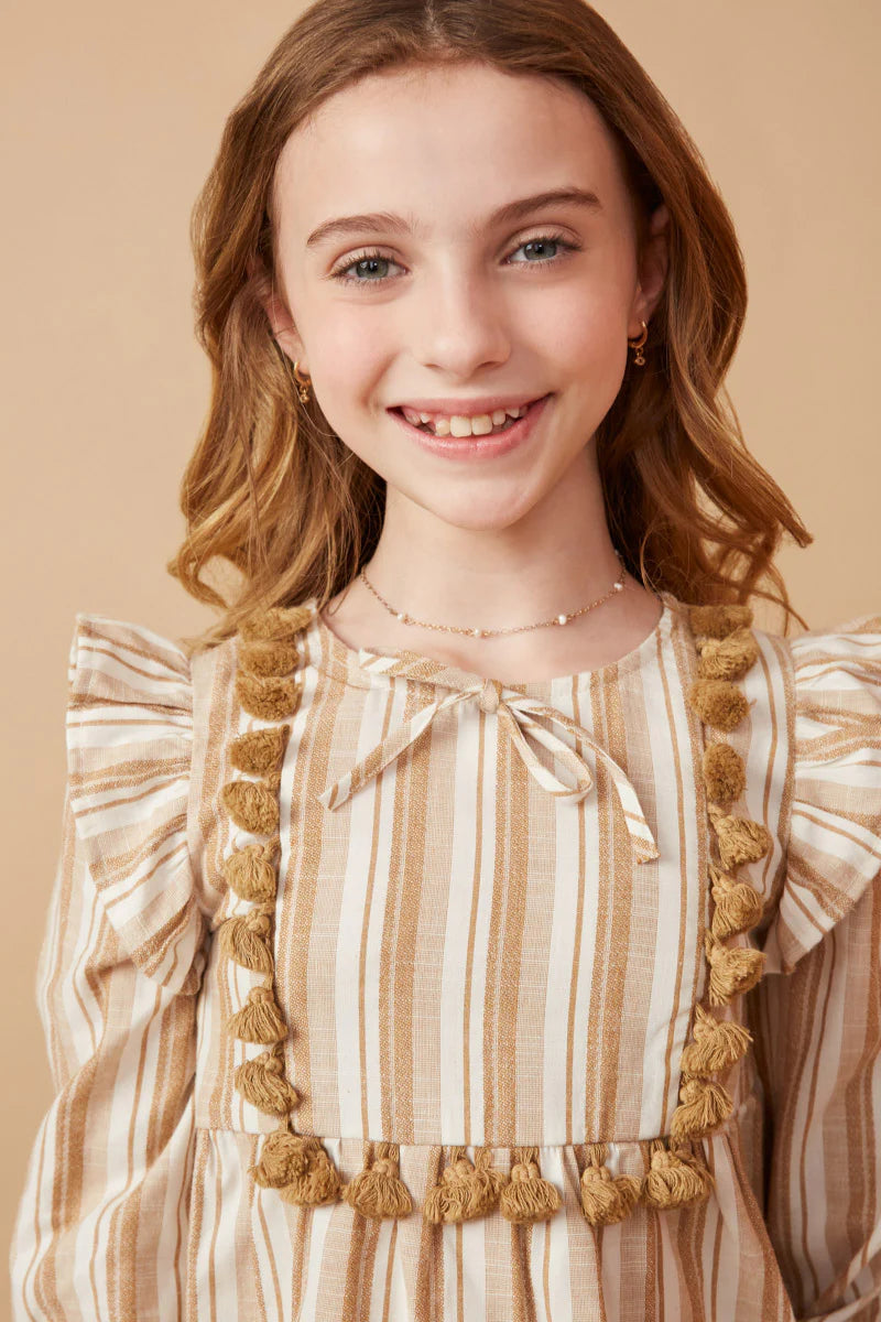 Girls Textured Stripe Tasseled Bodice Top