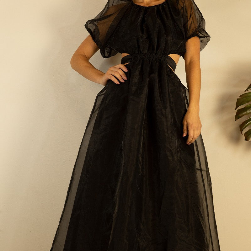 Organza Puff Sleeve Long Dress