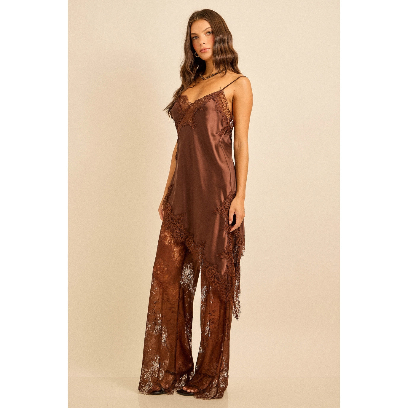 Skylar Rose Satin Lace Trim Cami and Pants Set