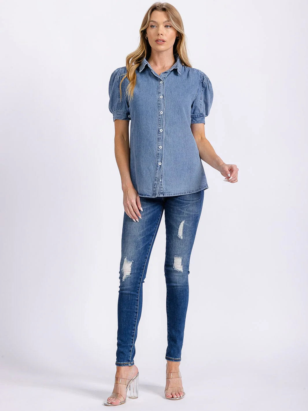The Arlo Denim Puff Top