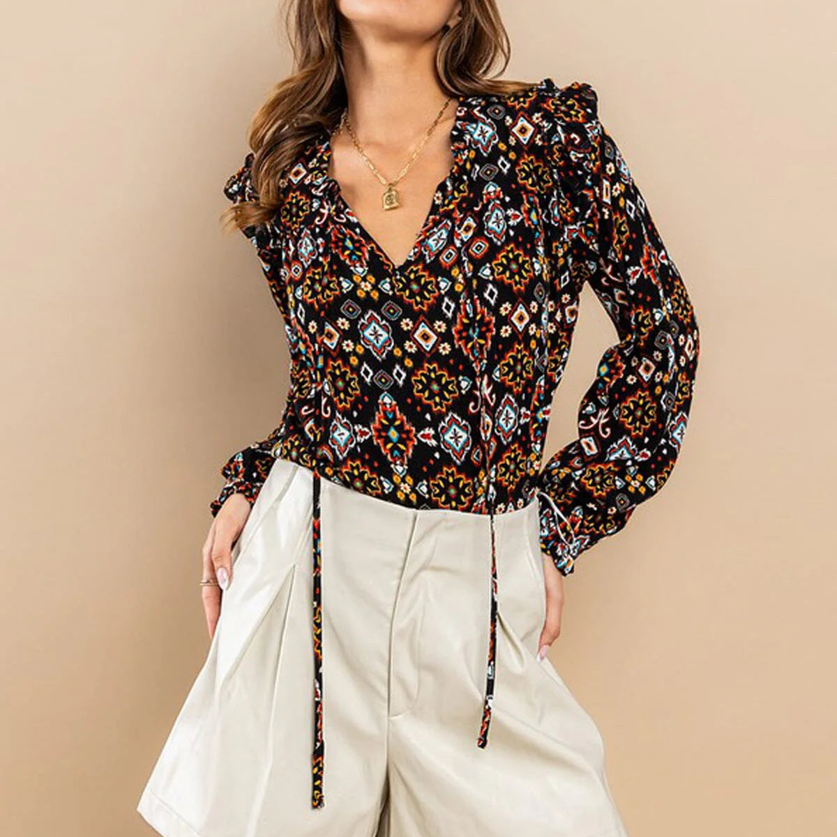 Bohemian Print Necktie Ruffle Blouse