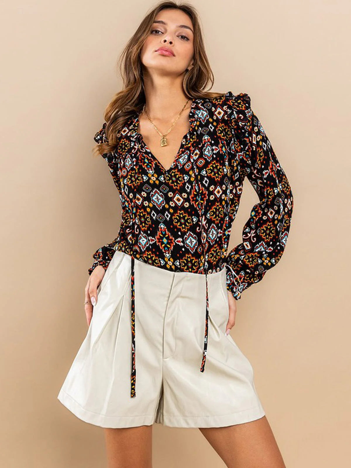 Bohemian Print Necktie Ruffle Blouse