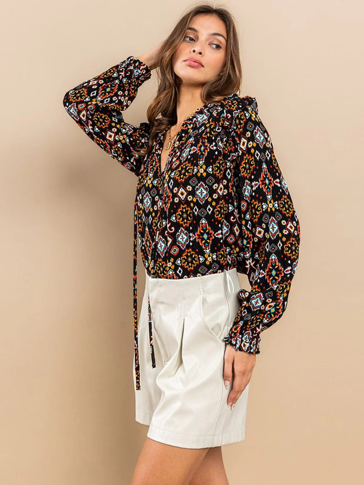 Bohemian Print Necktie Ruffle Blouse