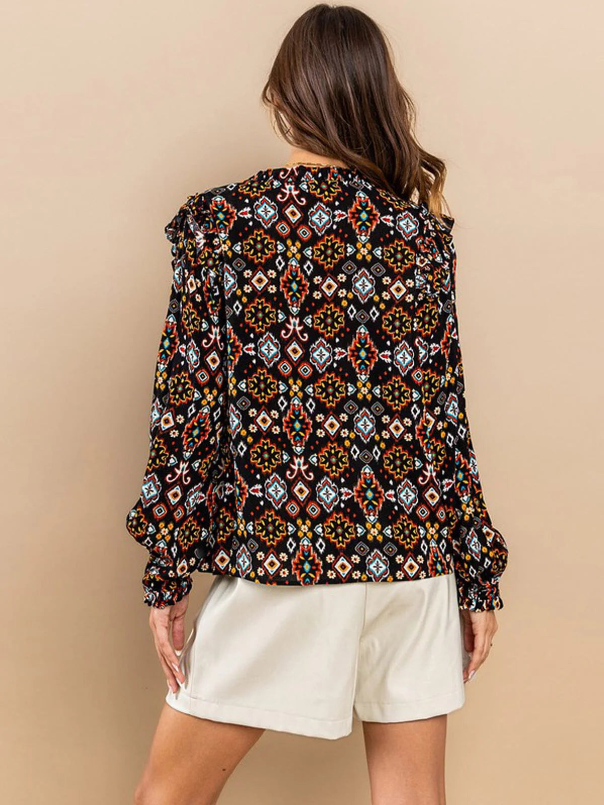 Bohemian Print Necktie Ruffle Blouse