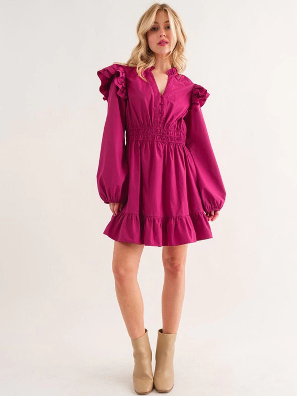 V-Neck Ruffle Mini Dress