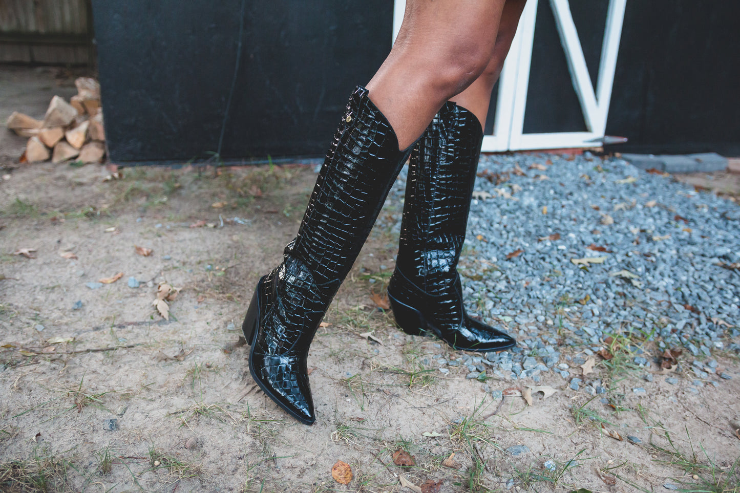 Macao boots - Black croc embossed cattle patent leather