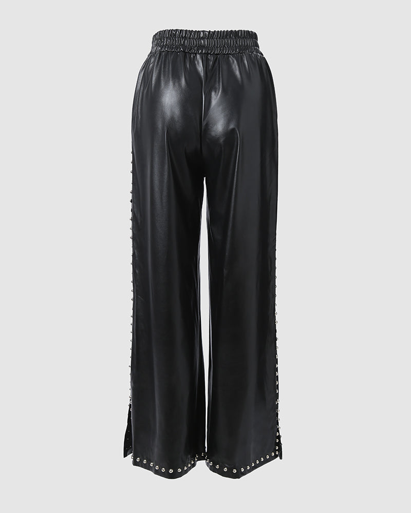 Studded Faux Leather Wide Leg Pants