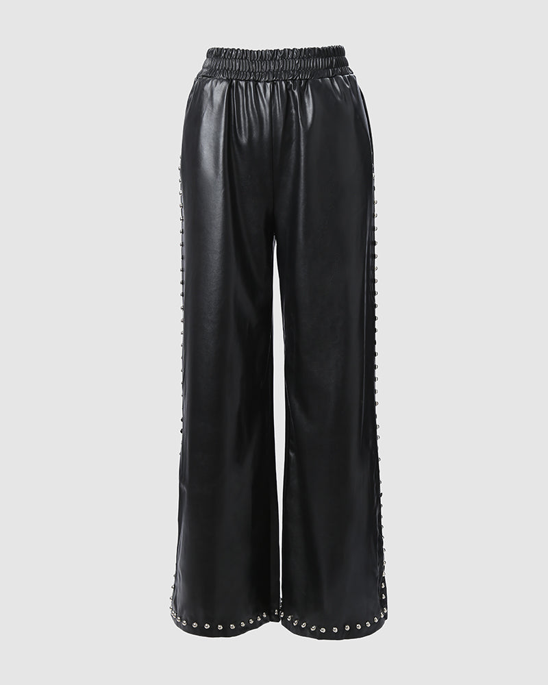 Studded Faux Leather Wide Leg Pants