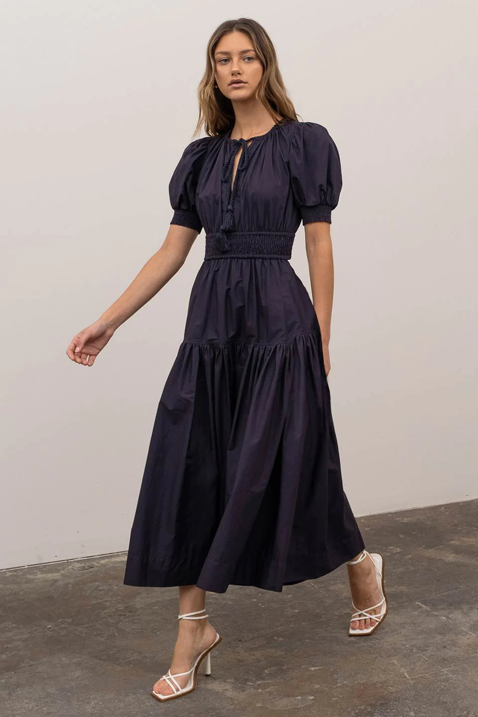 Gathered Shirred Midi Dress