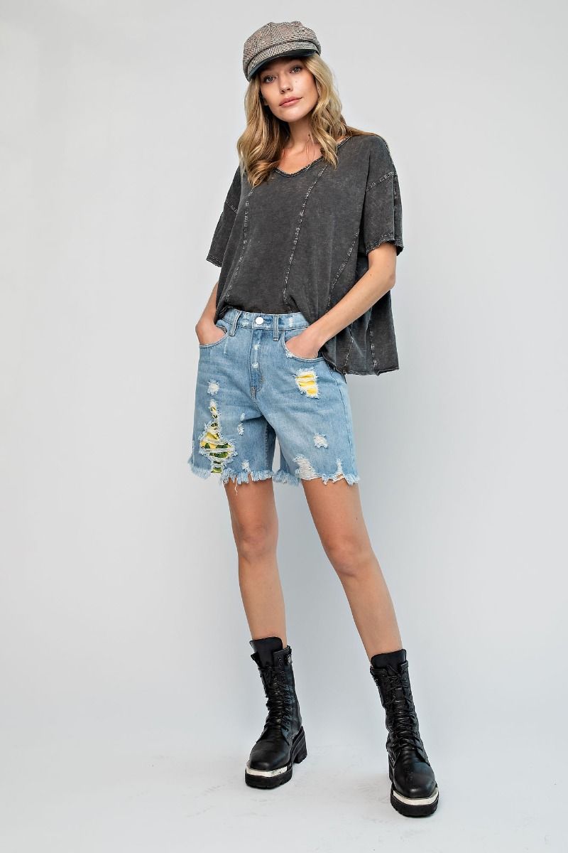 Distressed Washed Denim Shorts