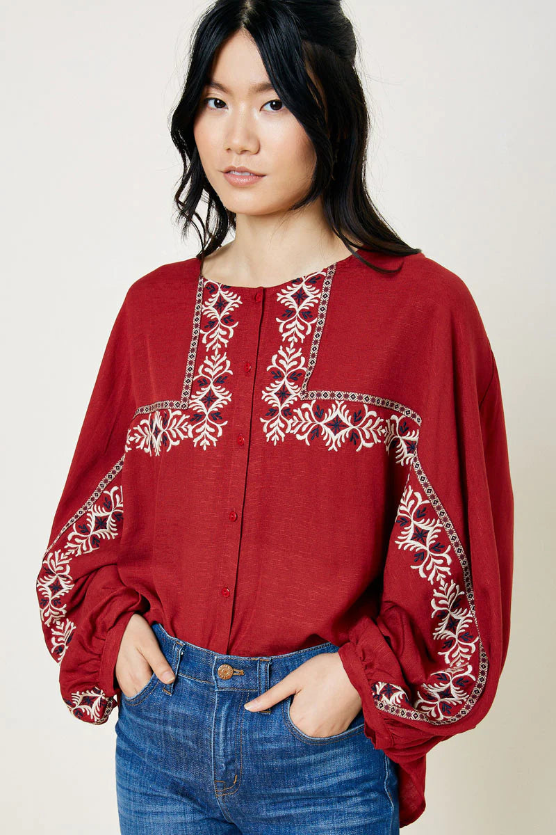 Embroidered Button-Down Dolman Top