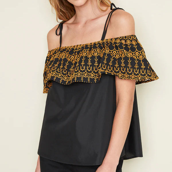 Embroidered Off The Shoulder Cropped Top