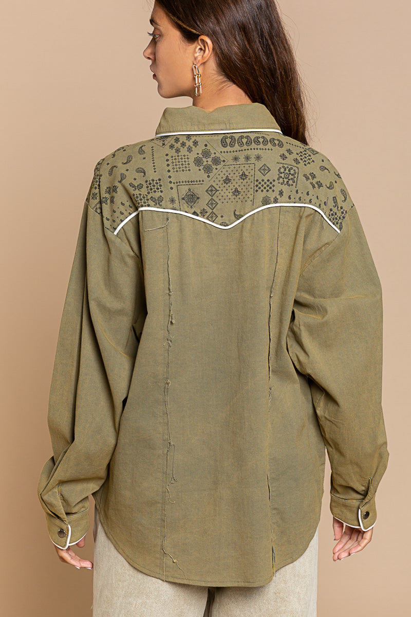 Western Button Up in Olive Paisley