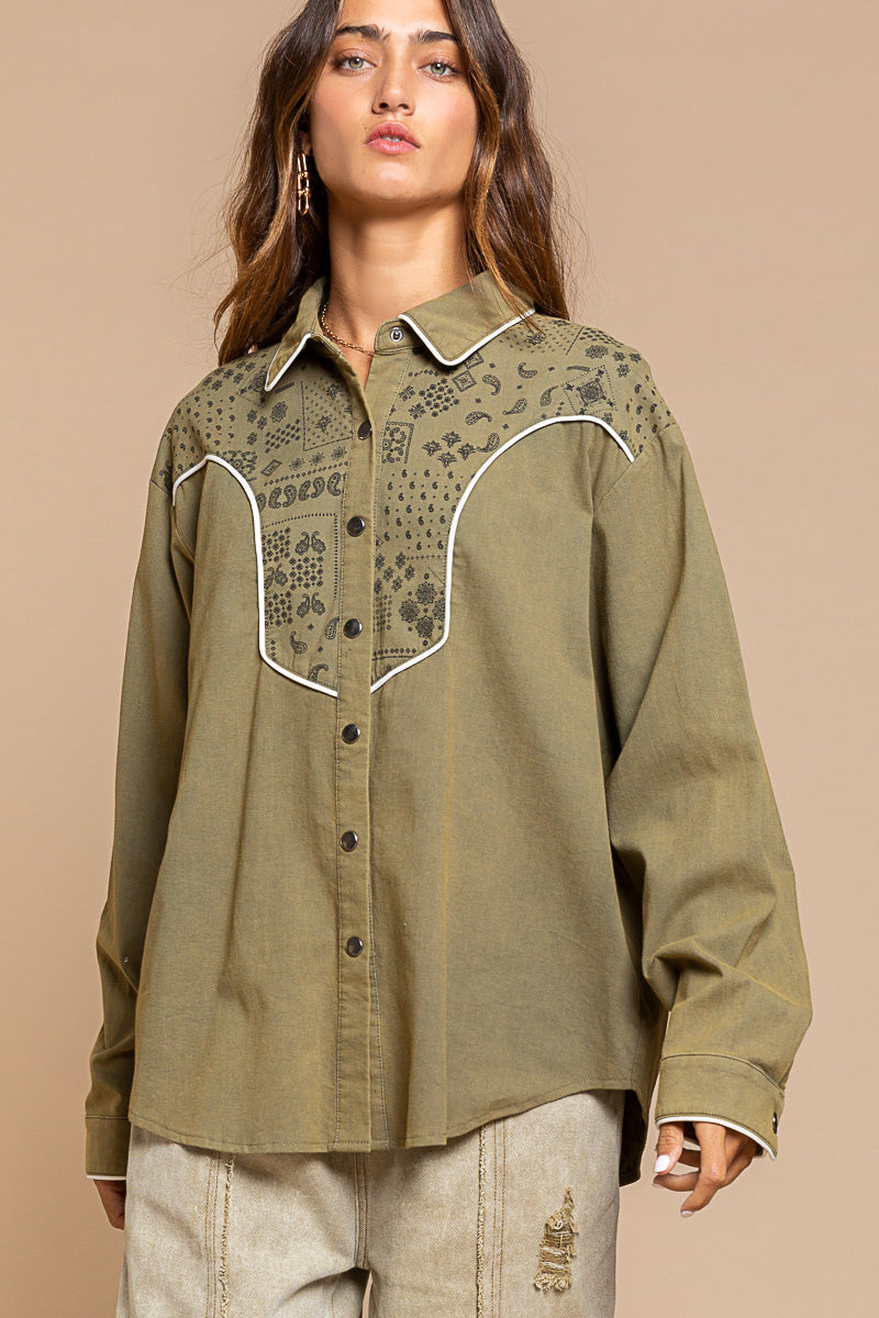 Western Button Up in Olive Paisley