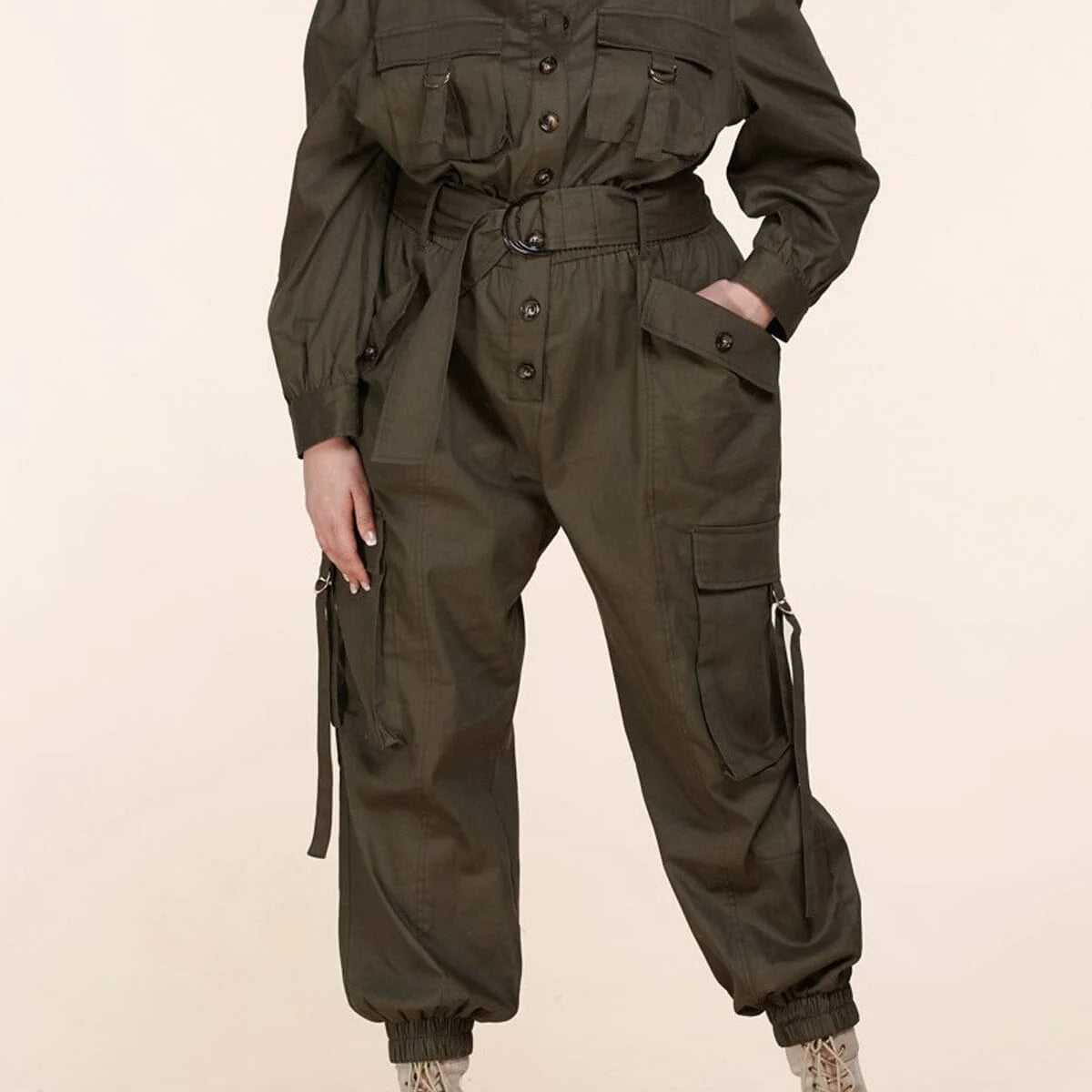 Long Sleeve Button up Cargo Pocket Jumpsuit in CURVY