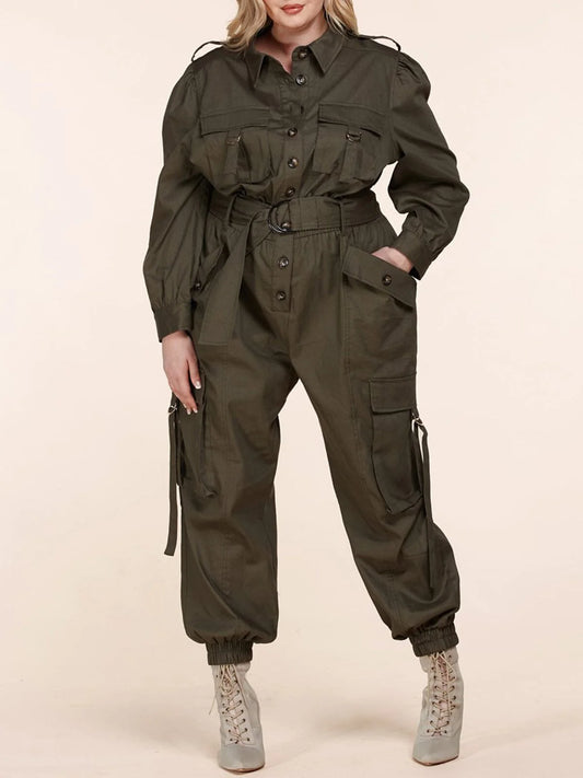 Long Sleeve Button up Cargo Pocket Jumpsuit in CURVY