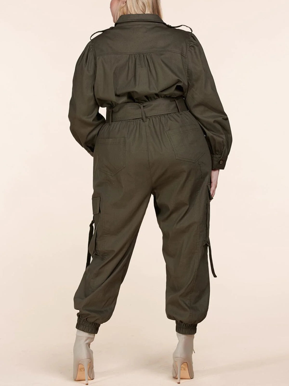 Long Sleeve Button up Cargo Pocket Jumpsuit in CURVY