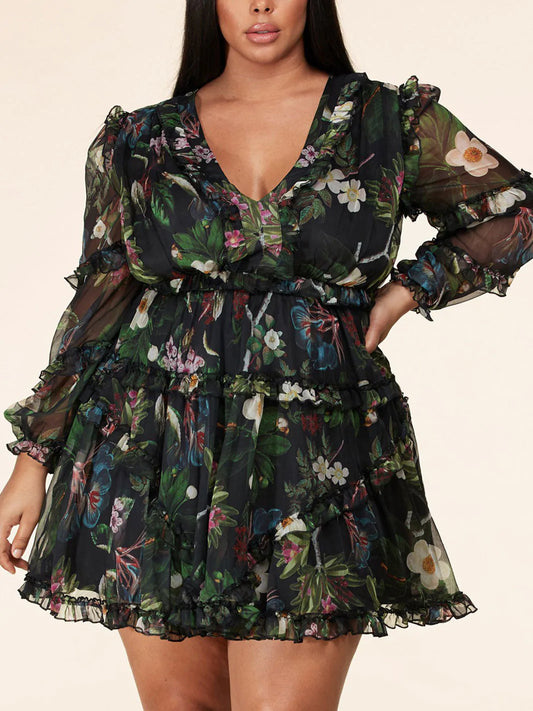 Ruffle Floral Back Lace Mini Dress in CURVY